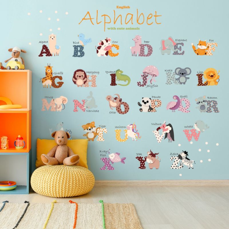 Naklejki na ścianę do pokoju dziecięcego SIPO, alfabet zwierzątka, 1 kpl