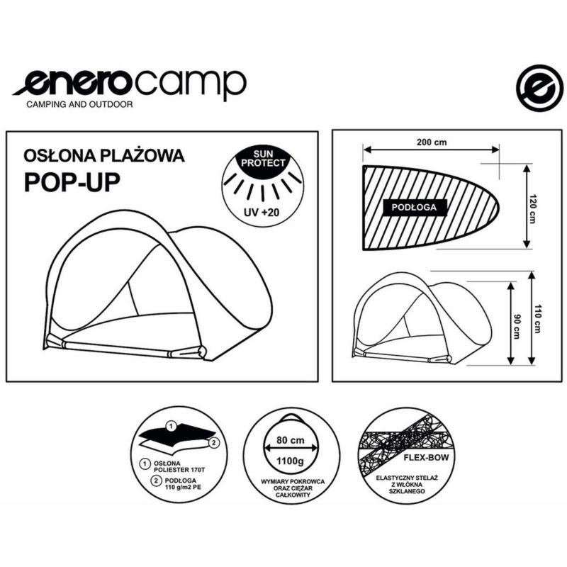 Namiot Enero Camp  parawan plażowy samorozkładający zamykany 200X120X110/90cm 1szt