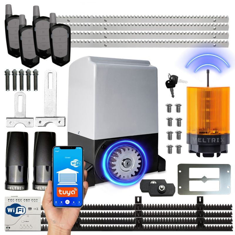Napęd bramy przesuwnej TECHGLOBE zestaw WIFI 800kg + 4 piloty + lampa LED 1 szt.