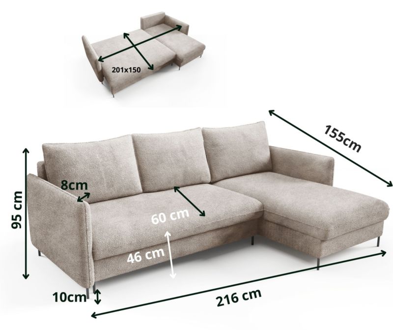 Narożnik Bettso Belis Boucle 216 x 165 cm z funkcją spania granatowy 1szt.