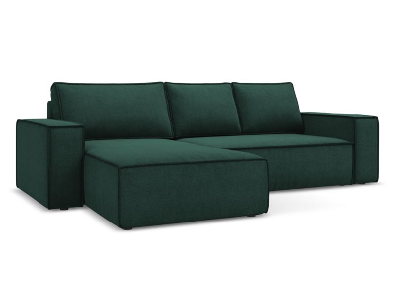 Narożnik lewostronny z funkcją spania Makamii Kimo z tkaniny strukturalnej 290x185 cm butelkowa zieleń 1 szt.