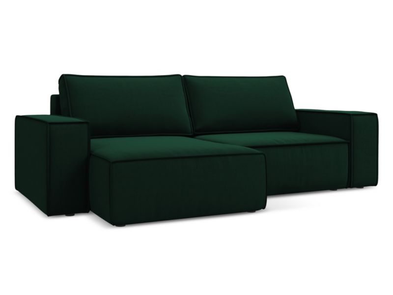 Narożnik lewostronny z funkcją spania Makamii Kimo z weluru 257x148 cm butelkowa zieleń 1 szt.