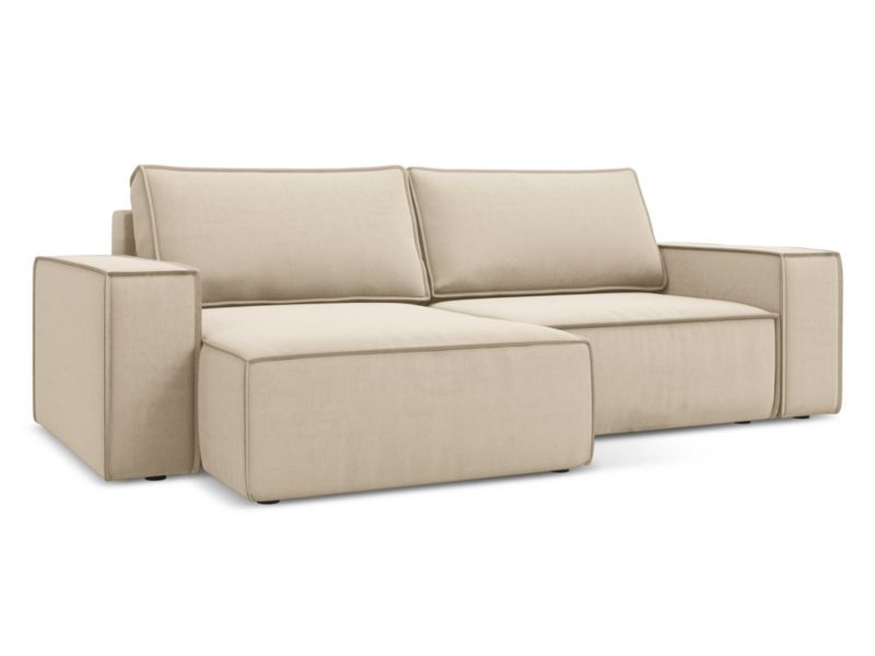 Narożnik lewostronny z funkcją spania Makamii Kimo z weluru 257x148 cm jasny beż 1 szt.