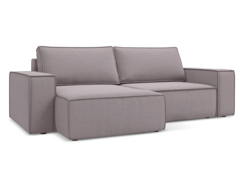 Narożnik lewostronny z funkcją spania Makamii Kimo z weluru 257x148 cm lawendowy 1 szt.