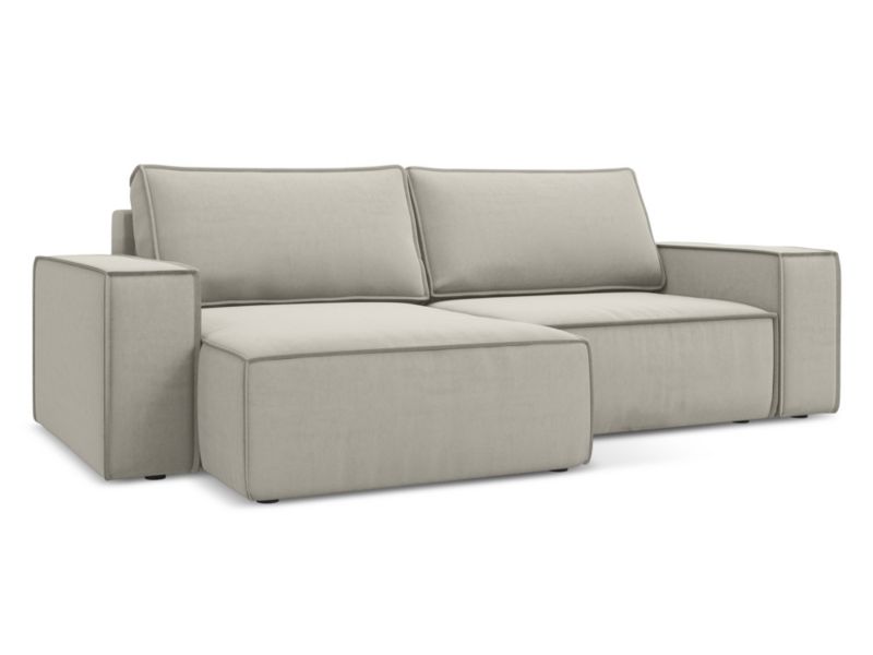 Narożnik lewostronny z funkcją spania Makamii Kimo z weluru 257x148 cm perłowy 1 szt.
