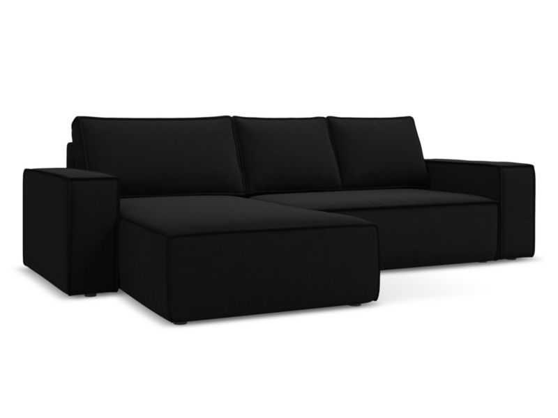 Narożnik lewostronny z funkcją spania Makamii Kimo z weluru 290x185 cm czarny 1 szt.