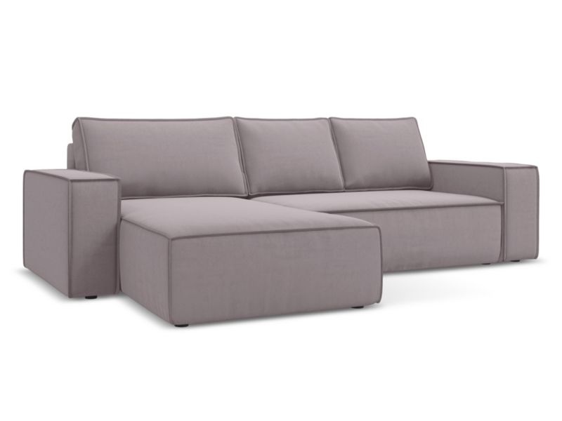 Narożnik lewostronny z funkcją spania Makamii Kimo z weluru 290x185 cm lawendowy 1 szt.
