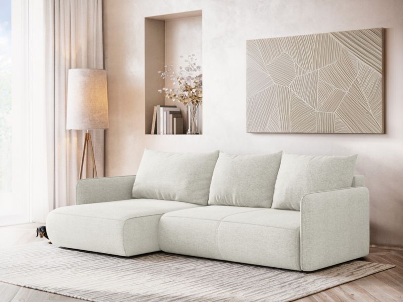 Narożnik lewostronny z funkcją spania Makamii Nanea z tkaniny szenilowej 240x148 cm biały 1 szt.