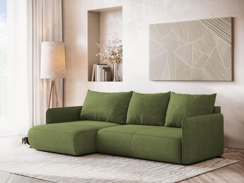Narożnik lewostronny z funkcją spania Makamii Nanea z tkaniny szenilowej 240x148 cm butelkowa zieleń 1 szt.