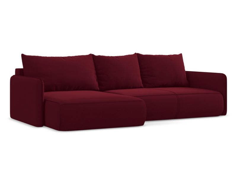 Narożnik lewostronny z funkcją spania Makamii Nanea z weluru 240x148 cm burgundowy 1 szt.