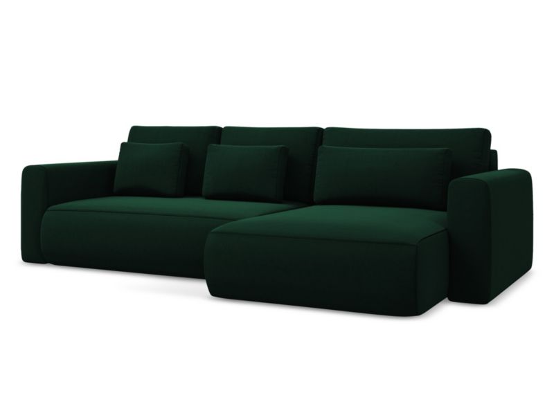 Narożnik prawostronny z funkcją spania Makamii Kapua z weluru 278x149 cm butelkowa zieleń 1 szt.