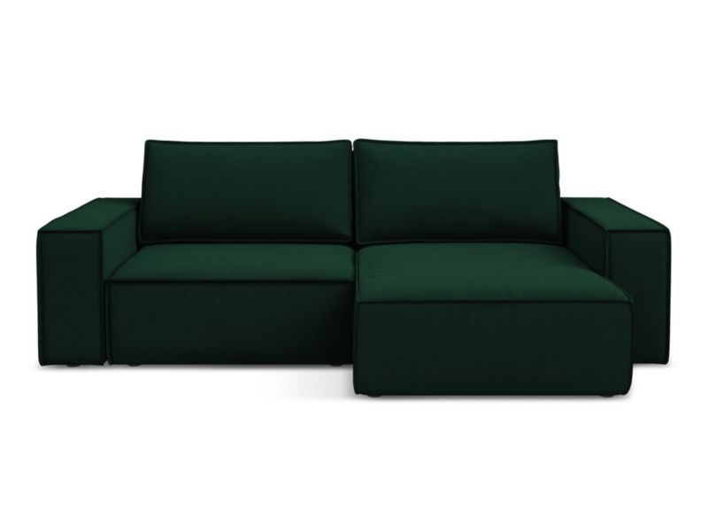Narożnik prawostronny z funkcją spania Makamii Kimo z weluru 257x148 cm butelkowa zieleń 1 szt.