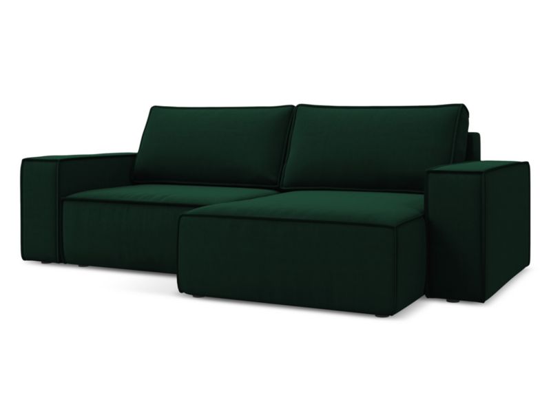 Narożnik prawostronny z funkcją spania Makamii Kimo z weluru 257x148 cm butelkowa zieleń 1 szt.