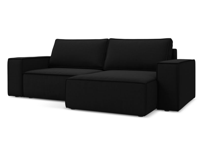 Narożnik prawostronny z funkcją spania Makamii Kimo z weluru 257x148 cm czarny 1 szt.