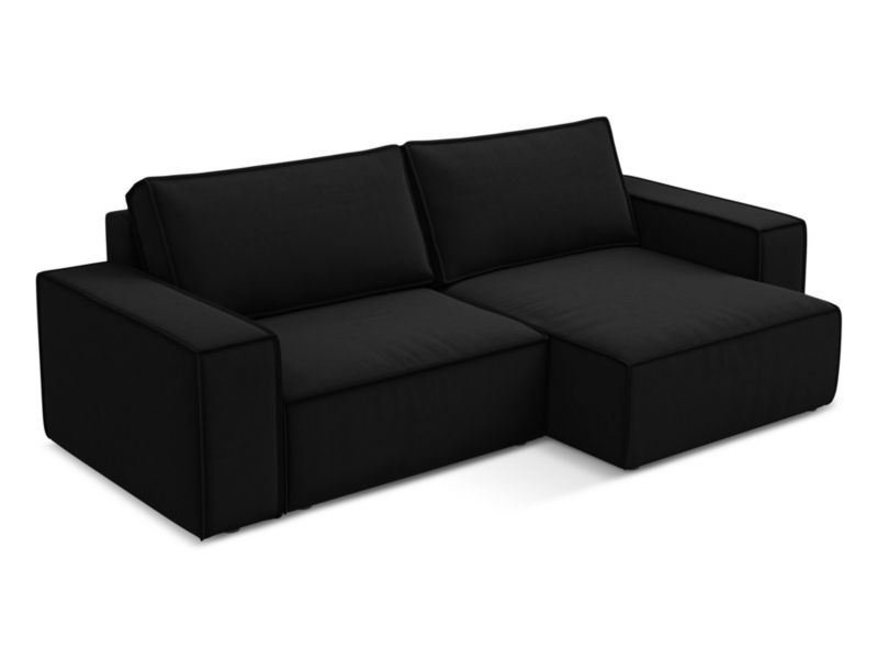 Narożnik prawostronny z funkcją spania Makamii Kimo z weluru 257x148 cm czarny 1 szt.