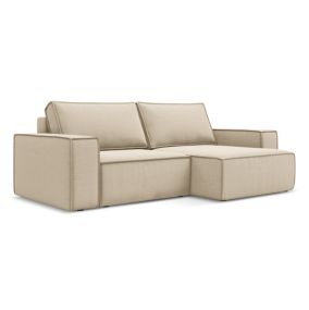 Narożnik prawostronny z funkcją spania Makamii Kimo z weluru 257x148 cm jasny beż 1 szt.