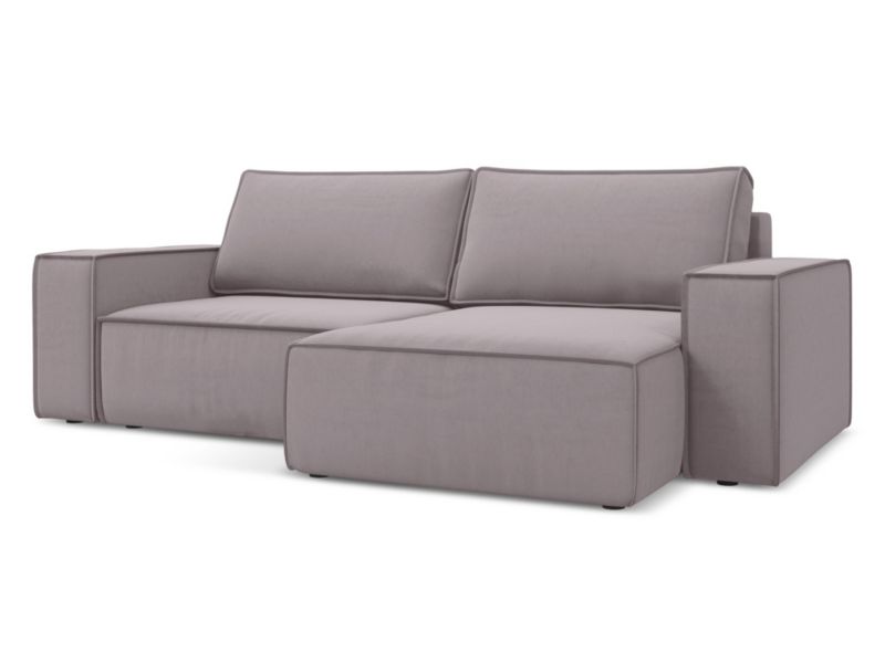Narożnik prawostronny z funkcją spania Makamii Kimo z weluru 257x148 cm lawendowy 1 szt.