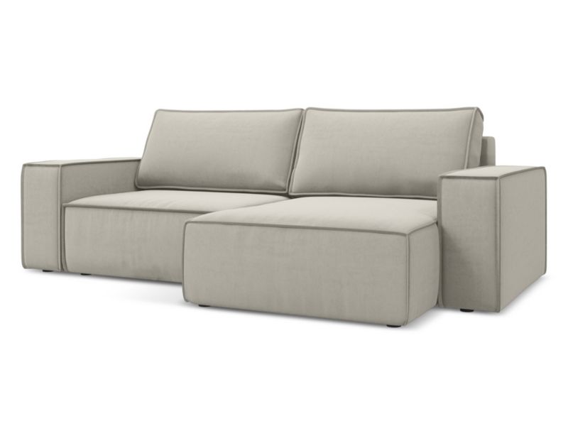 Narożnik prawostronny z funkcją spania Makamii Kimo z weluru 257x148 cm perłowy 1 szt.