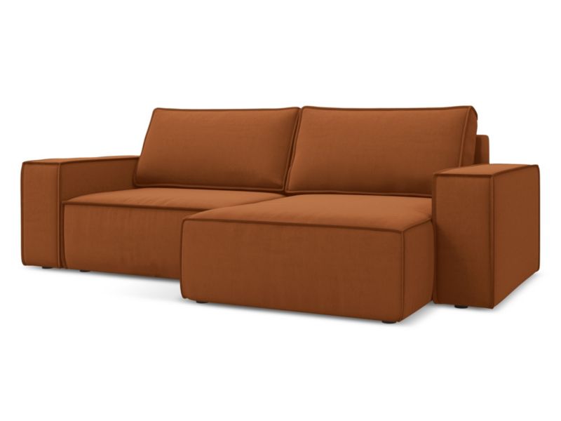 Narożnik prawostronny z funkcją spania Makamii Kimo z weluru 257x148 cm terakota 1 szt.