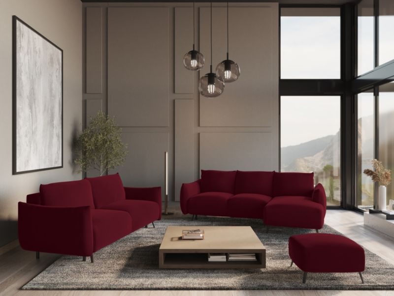 Narożnik prawostronny z funkcją spania Makamii Malie z weluru 242x162 cm burgundowy 1 szt.