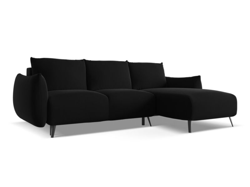 Narożnik prawostronny z funkcją spania Makamii Malie z weluru 242x162 cm czarny 1 szt.