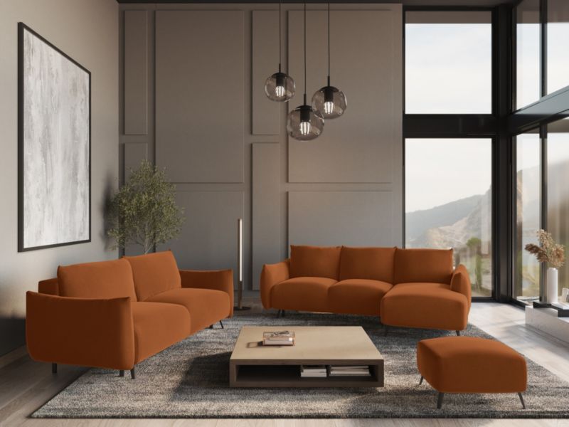 Narożnik prawostronny z funkcją spania Makamii Malie z weluru 242x162 cm terakota 1 szt.