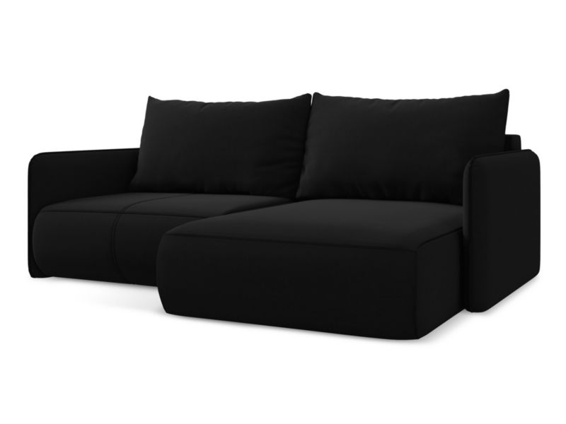 Narożnik prawostronny z funkcją spania Makamii Nanea z weluru 207x148 cm czarny 1 szt.