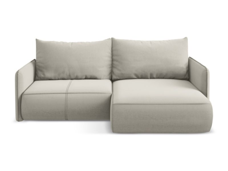Narożnik prawostronny z funkcją spania Makamii Nanea z weluru 207x148 cm perłowy 1 szt.