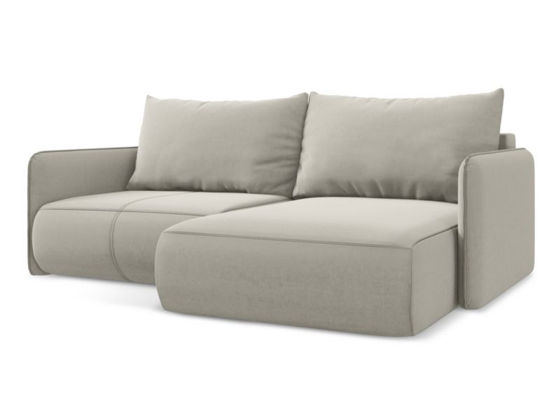 Narożnik prawostronny z funkcją spania Makamii Nanea z weluru 207x148 cm perłowy 1 szt.