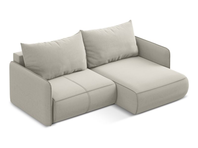 Narożnik prawostronny z funkcją spania Makamii Nanea z weluru 207x148 cm perłowy 1 szt.