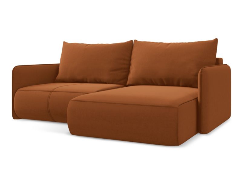 Narożnik prawostronny z funkcją spania Makamii Nanea z weluru 207x148 cm terakota 1 szt.