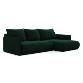 Narożnik prawostronny z funkcją spania Makamii Nanea z weluru 240x148 cm butelkowa zieleń 1 szt.