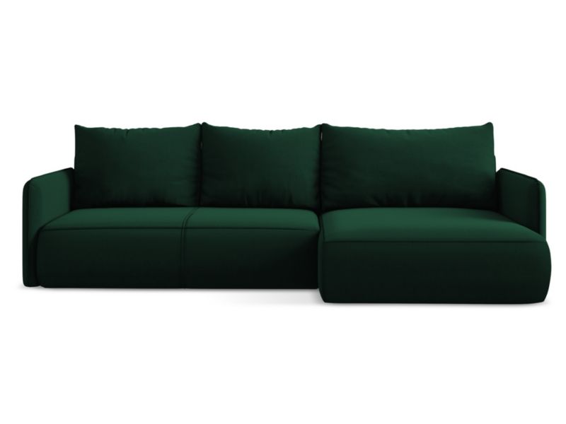Narożnik prawostronny z funkcją spania Makamii Nanea z weluru 240x148 cm butelkowa zieleń 1 szt.