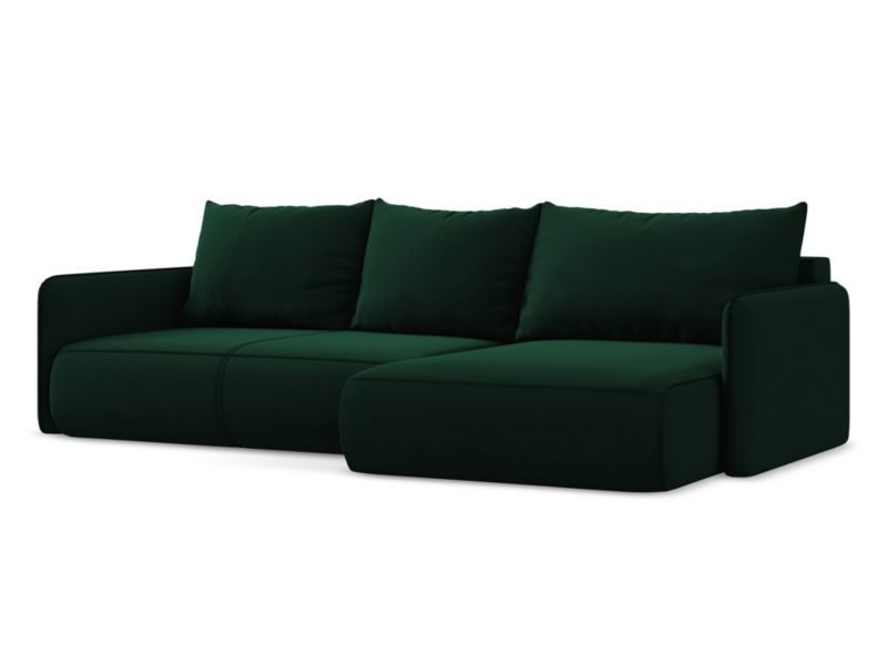 Narożnik prawostronny z funkcją spania Makamii Nanea z weluru 240x148 cm butelkowa zieleń 1 szt.