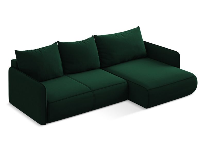 Narożnik prawostronny z funkcją spania Makamii Nanea z weluru 240x148 cm butelkowa zieleń 1 szt.