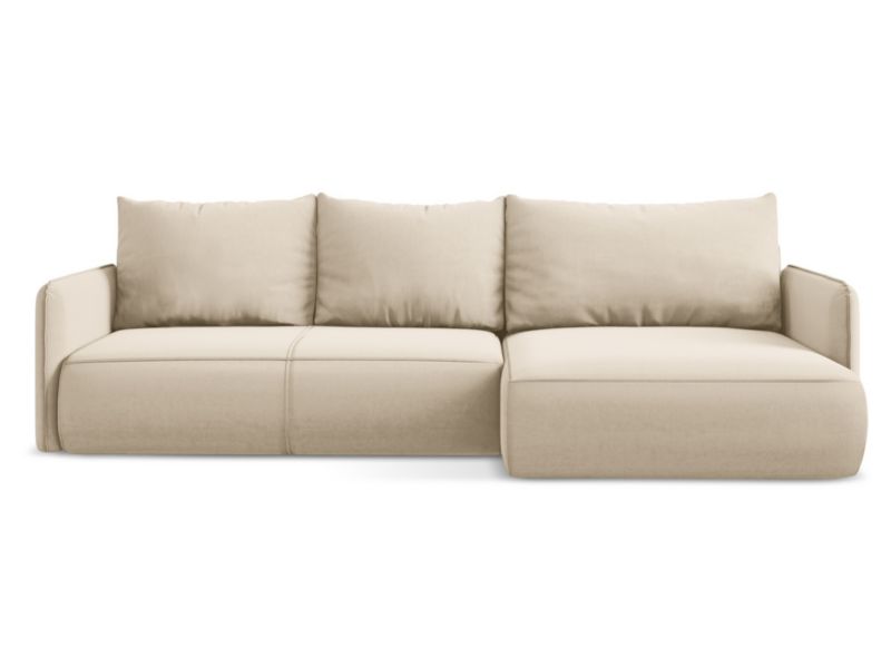 Narożnik prawostronny z funkcją spania Makamii Nanea z weluru 240x148 cm jasny beż 1 szt.