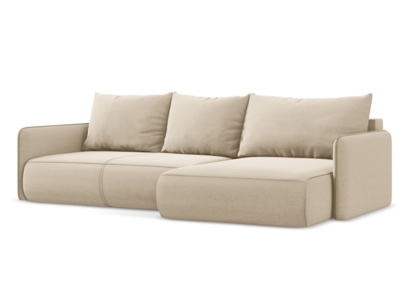 Narożnik prawostronny z funkcją spania Makamii Nanea z weluru 240x148 cm jasny beż 1 szt.