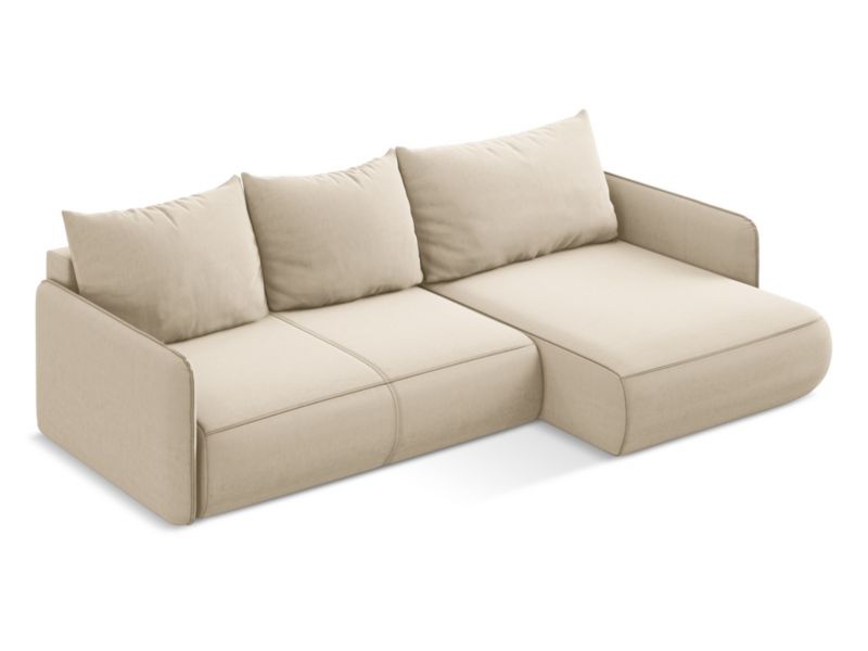 Narożnik prawostronny z funkcją spania Makamii Nanea z weluru 240x148 cm jasny beż 1 szt.