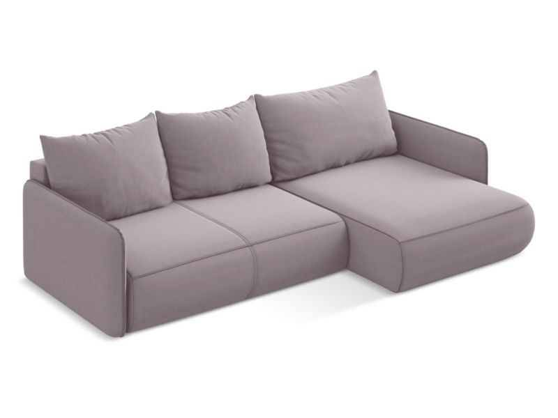 Narożnik prawostronny z funkcją spania Makamii Nanea z weluru 240x148 cm lawendowy 1 szt.