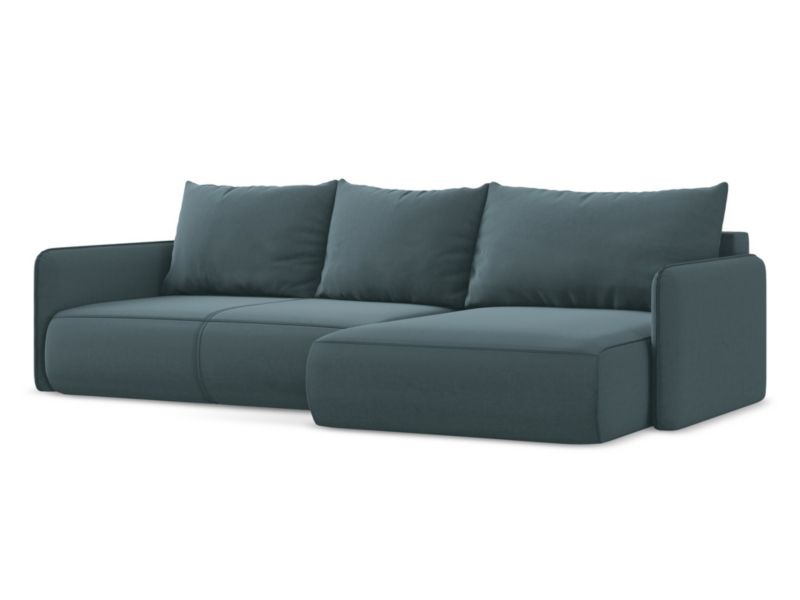 Narożnik prawostronny z funkcją spania Makamii Nanea z weluru 240x148 cm morski 1 szt.