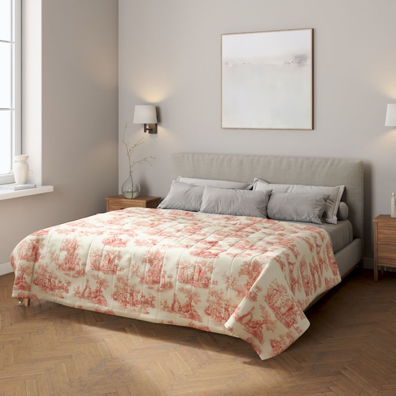 Narzuta pikowana w pasy Dekoria 100 x 160 cm scenki rodzajowe w kolorze czerwonym na tle ecru 1 szt.