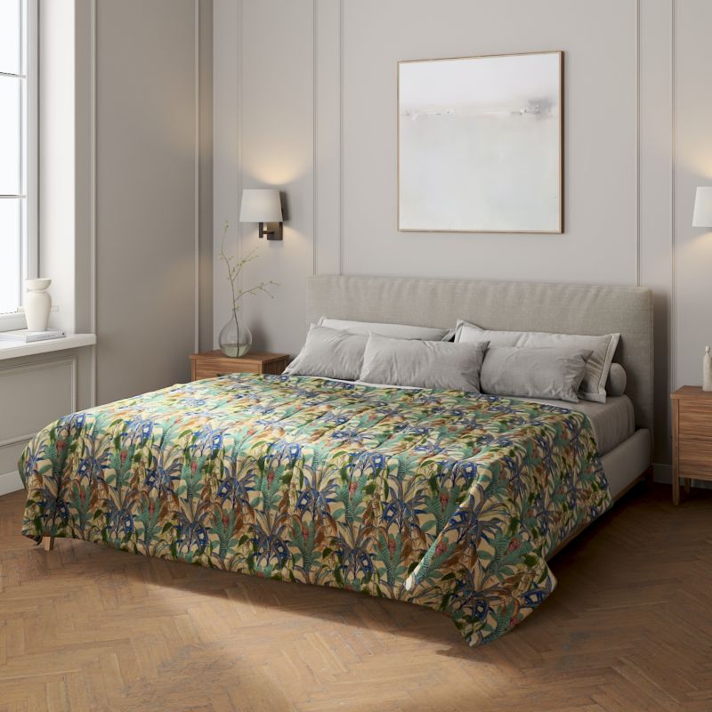 Narzuta pikowana w pasy Dekoria 200 x 210 cm zielono-niebieskie motywy roślinne 1 szt.