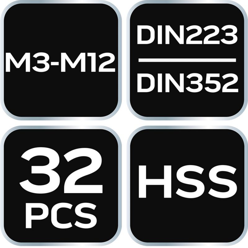 Narzynki i gwintowniki NEO TOOLS M3-M12, zestaw 32 szt. HSS w walizce 1 kpl