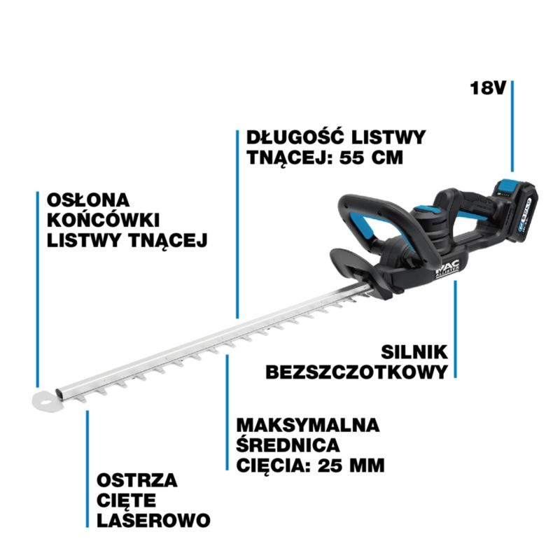 Nożyce akumulatorowe do żywopłotu Mac Allister 18 V 55 cm