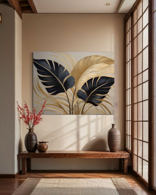 Obraz dekoracja do salonu Feeby Liście Palmy Boho Złoty 60x40 cm 1szt
