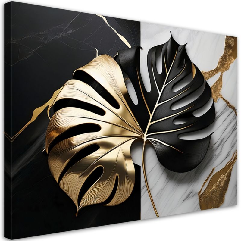 Obraz dekoracja do salonu Feeby Liść Monstery Złoty Czarny Marmur 120x80 cm 1szt