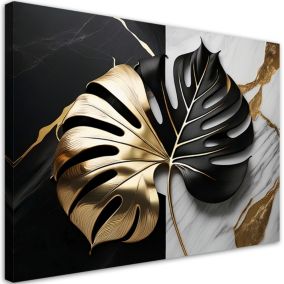 Obraz dekoracja do salonu Feeby Liść Monstery Złoty Czarny Marmur 120x80 cm 1szt