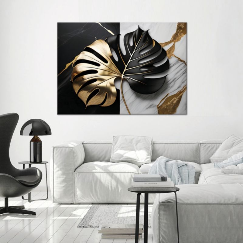 Obraz dekoracja do salonu Feeby Liść Monstery Złoty Czarny Marmur 120x80 cm 1szt