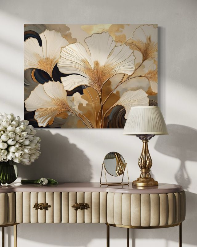 Obraz dekoracja do salonu sypialni Feeby Ginko Liście Beżowy 100x70 cm 1szt