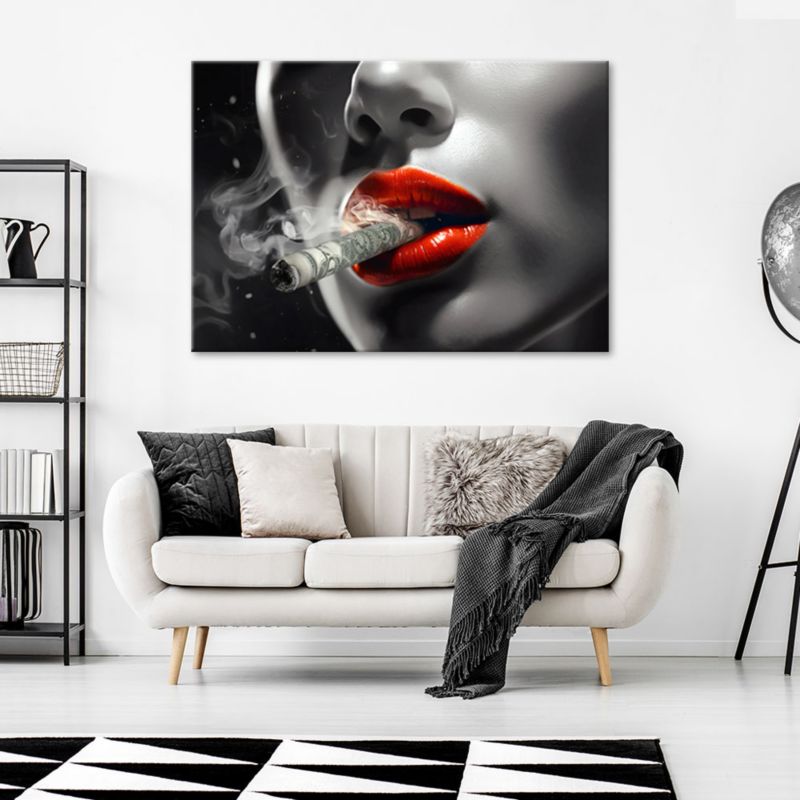 Obraz dekoracja do salonu sypialni nowoczesny Feeby Kobieta Czerwone Usta Dolary 120x80cm 1szt